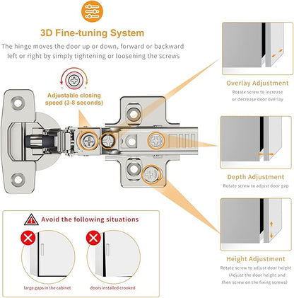Chibery 10 Pack Frameless Inset Soft Close Concealed European Hinges, Self Closing Satin Nickel, 105 ° Open Angle 4D Adjustment, Speed Control, Clip On, Stainless Steel for Cabinet Door