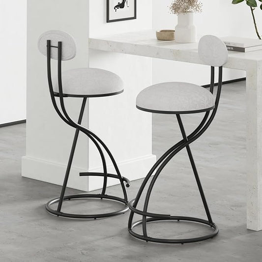 Round Print Stools Set of 2 Black Metal Upholstered Chairs for Kitchen Island & Dining Rooms Counter Stools (Black & White Print)
