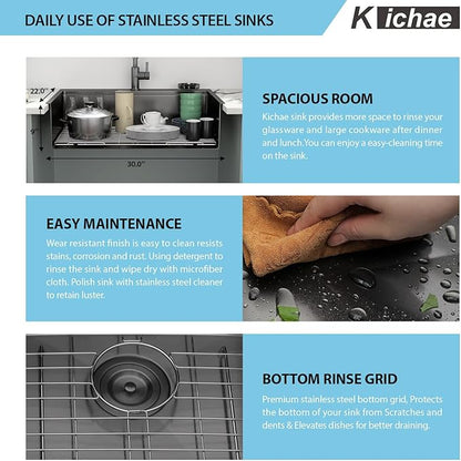 30 Black Kitchen Sink Drop In - Kichae 30 x 22 Drop In Kitchen Sink Workstation Gunmetal Black Nano Coating 304 Stainless Steel 16 Gauge with Glass Rinser & Cutting Board