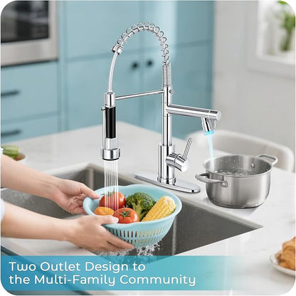 LED Kitchen Faucet with Pull Down Sprayer - Chrome Single Handle Commercial Kitchen Faucets, 2-Spout Kitchen Sink Faucet, Stainless Steel Spring Pull Out Sink Faucet 1/3 Hole
