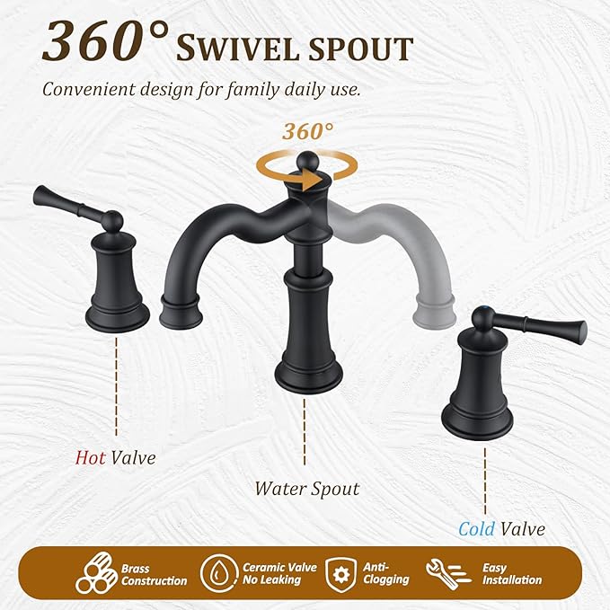 Roman Bathroom Sink-Faucet 3-Holes, Matte Black Rotated Spout Vanity Basin Faucets 3 Holes 2 Handles 8 inches Widespread Deck Mount Brass Faucet for Sink with Overflow Pop Up Drain NL2204-BK