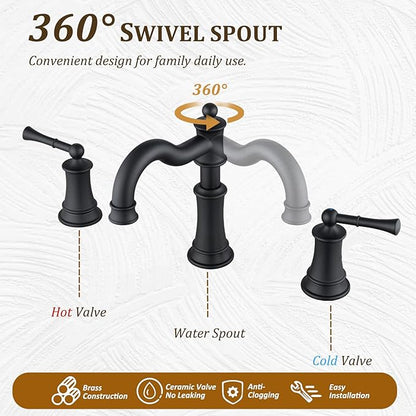 Roman Bathroom Sink-Faucet 3-Holes, Matte Black Rotated Spout Vanity Basin Faucets 3 Holes 2 Handles 8 inches Widespread Deck Mount Brass Faucet for Sink with Overflow Pop Up Drain NL2204-BK