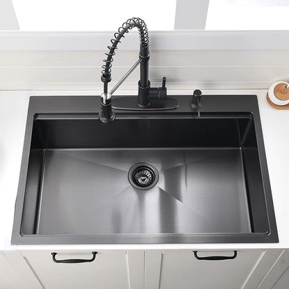 30 Inch Black Drop in Kitchen Sink Workstation -VOKIM 30 x 22 - Inch Drop in sink 16 Gage Stainless Steel TopMount sink Single Bowl 10'' Deep Kitchen Sink with Cutting Board