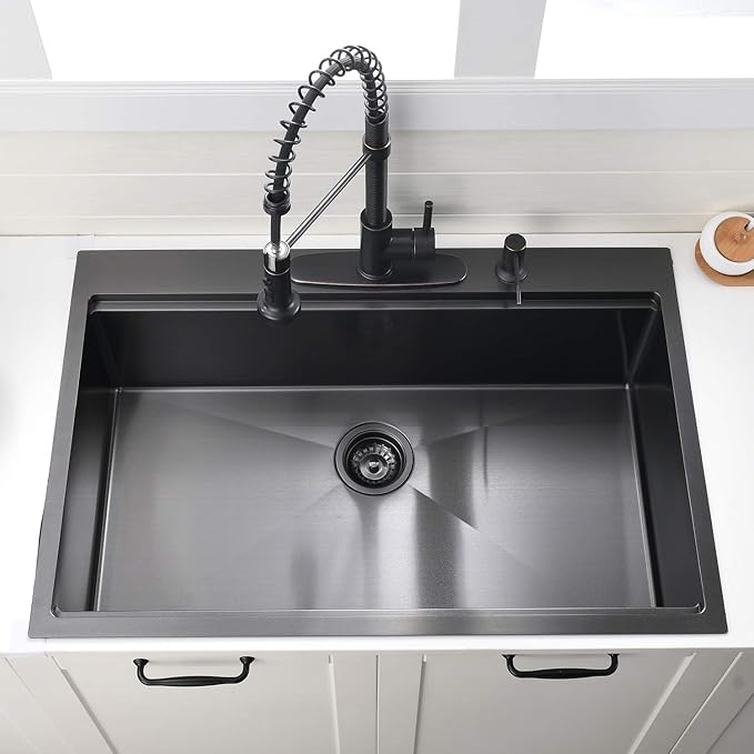 28 Inch Black Drop In Kitchen Sink Workstation - VOKIM 28x22-Inch Drop In sink 16 Gauge Stainless Steel 10'' Deep Single Bowl Handmade Kitchen Sink with Cutting Board & Strainer