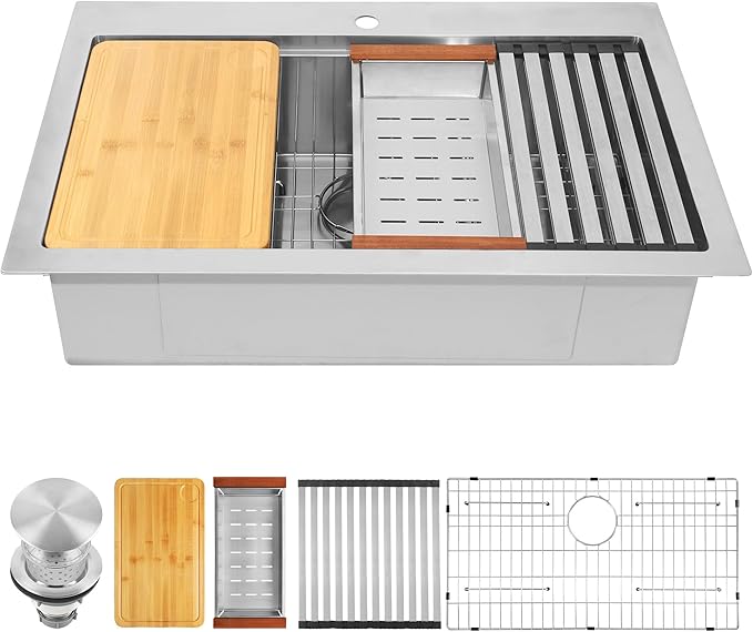 Drop In Kitchen Sink 33" X 22",Top Mount 16 Gauge Stainless Steel Workstation Sink,Deep & Large Single Bowl Kitchen Sinks