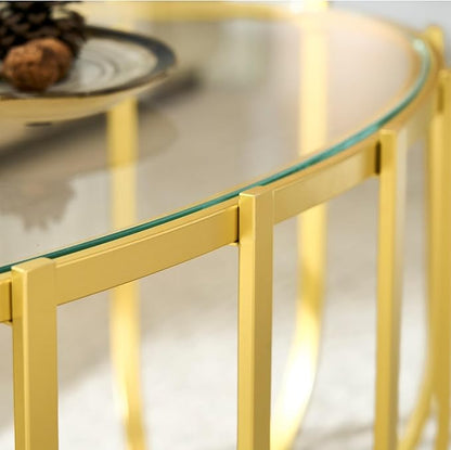 Saint Mossi Glass Oavl Coffee Table for Living Room, Mid Century Modern 2-Tier Gold Drum Center Table, Clear Glass Top with Gold Finish Legs & Frame, D42xW23xH16