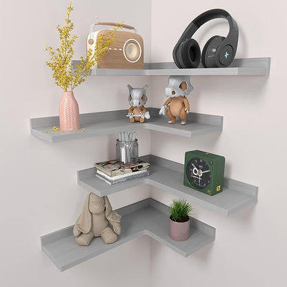 Rustic Pine Wood Corner Shelves Set of 4, L-Shaped Wall Mounted Shelf for Multi-Room Storage and Decor - Grey
