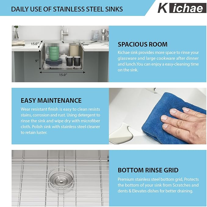 Kichae Undermount Bar Sink - 15" x 15" Bar Prep RV Kitchen Sink Stainless Steel 16 Gauge Workstation Small Wet Bar Sinks Single Bowl Handmade Basin With Cutting Borad
