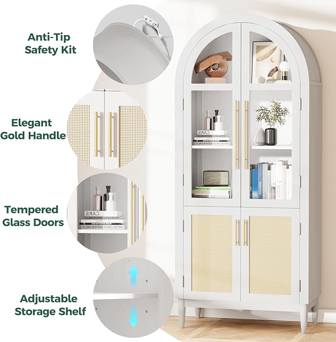 71" Arched Storage Cabinet, 5-Tier Modern Farmhouse Kitchen Pantry Cabinet with Glass & Rattan Doors, Adjustable Shelf for Living Room, Dining Room, or Office, White