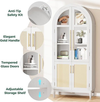 71" Arched Storage Cabinet, 5-Tier Modern Farmhouse Kitchen Pantry Cabinet with Glass & Rattan Doors, Adjustable Shelf for Living Room, Dining Room, or Office, White
