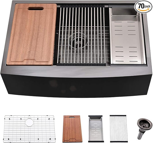 33 Inch Farmhouse Kitchen Sink Workstation Black - VOKIM 33x22 Apron Front Kitchen Sink Stainless Steel 16 Gauge Single Bowl Gunmetal Farm Sink