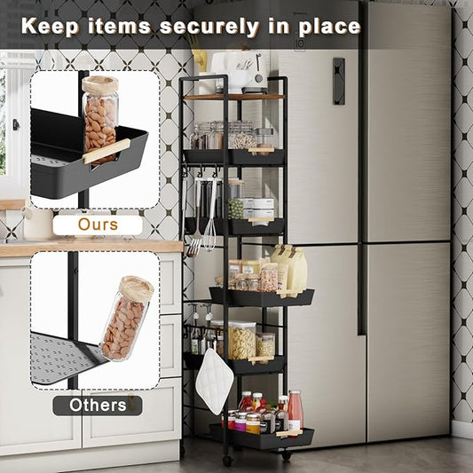 6-Tier Slim Rolling Storage Cart with Wheels, Metal Organizer Tall Rolling Cart, Wood Top Narrow Mobile Utility Cart with Pull-Out Baskets for Kitchen, Bathroom, Laundry Room, 13in(W) Black