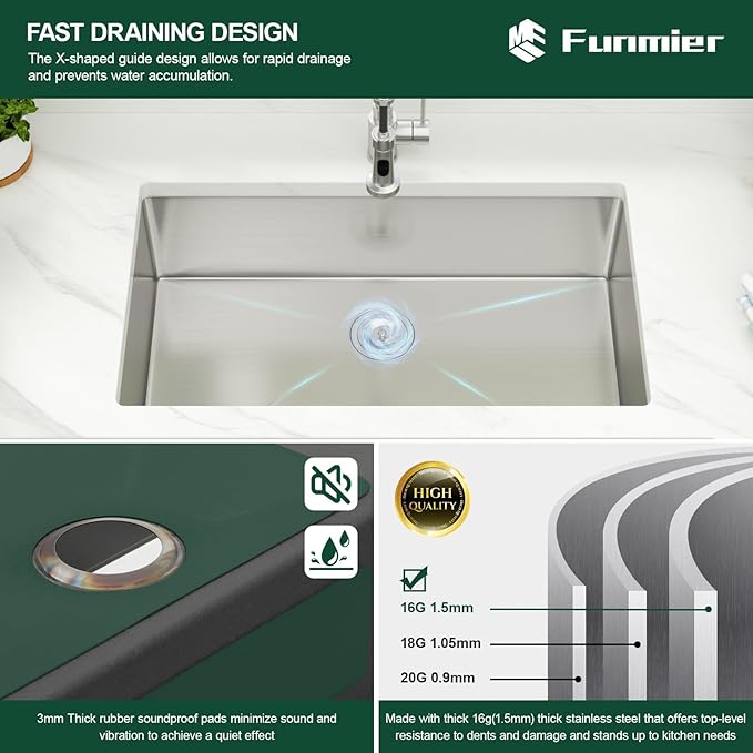 33 Inch Undermount Kitchen Sink 33 x 19 Undermount Kitchen Sinks Stainless Steel 16 Gauge Single Bowl Under Mount Deep Basin Handmade with Offset Drainer