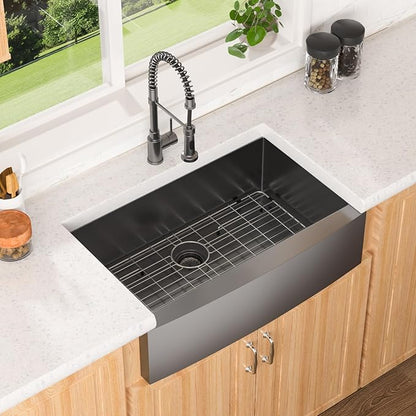 Lordear Gunmetal Black Farmhouse Sink Stainless Steel Farm 33 inch16 Gauge Apron Front Deep Single Bowl Stainless Steel Kitchen Farm Farmer Style Sinks