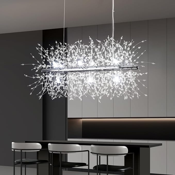 Modern Crystal Chandeliers Firework, 9-Light Chrome Rectangle Linear Dandelion Dining Room Chandelier, Mid Century Sputnik Firework Ceiling Light Fixture for Living Room Kitchen Island Store (L 28.8")