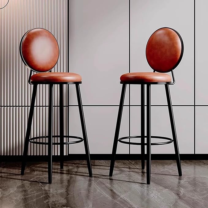 Set of 2 Leather Stools, Counter Height with Back, Upholstered Chairs for Kitchen Island, 65cm Sitting Height, Orange & Brown