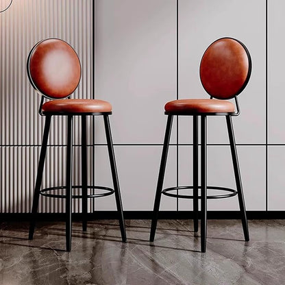 Set of 2 Leather Stools, Counter Height with Back, Upholstered Chairs for Kitchen Island, 65cm Sitting Height, Orange & Brown