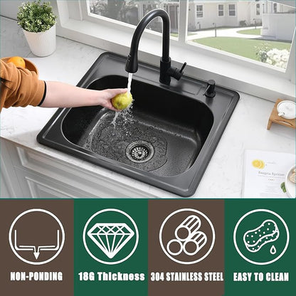 25 Inch Drop In Kitchen Sink Black-Bokaiya 25x22 Drop In Sink Black Stainless Steel 18 Gauge Single Bowl Outdoor Top Mount Kitchen Sinks with Dish Grid