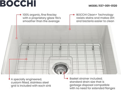 BOCCHI Classico Farmhouse Apron Front Fireclay 24 in. Single Bowl Kitchen Sink with Protective Bottom Grid and Strainer in White
