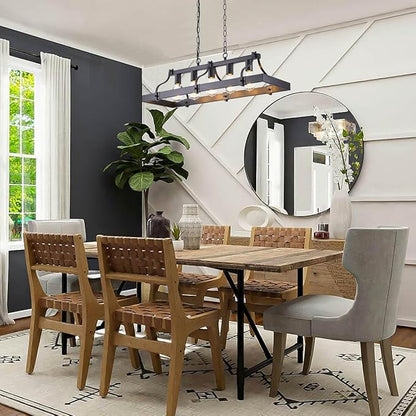 Industrial Black Chandelier for Dining Room, 5-Light Farmhouse Rustic Light Fixture Over Table, Modern Linear Rectangular Kitchen Island Pendant Lighting