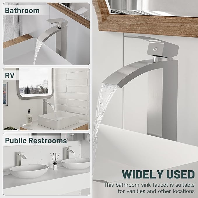 Brushed Nickel Vessel Sink Faucet, Greenspring Waterfall Bathroom Faucets, Tall Spout Single Handle Single Hole Bathroom Faucets with Pop Up Drain and Without Overflow Basin Faucet Supply Line