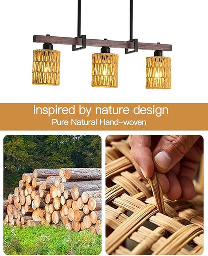 3-Light Kitchen Island Light Fixture, Linear Chandelier for Dining Room, Rustic Pendant Light Over Table, Handmade Woven Farmhouse Wicker Chandelier, Dark Wood Finish for Kitchen Island