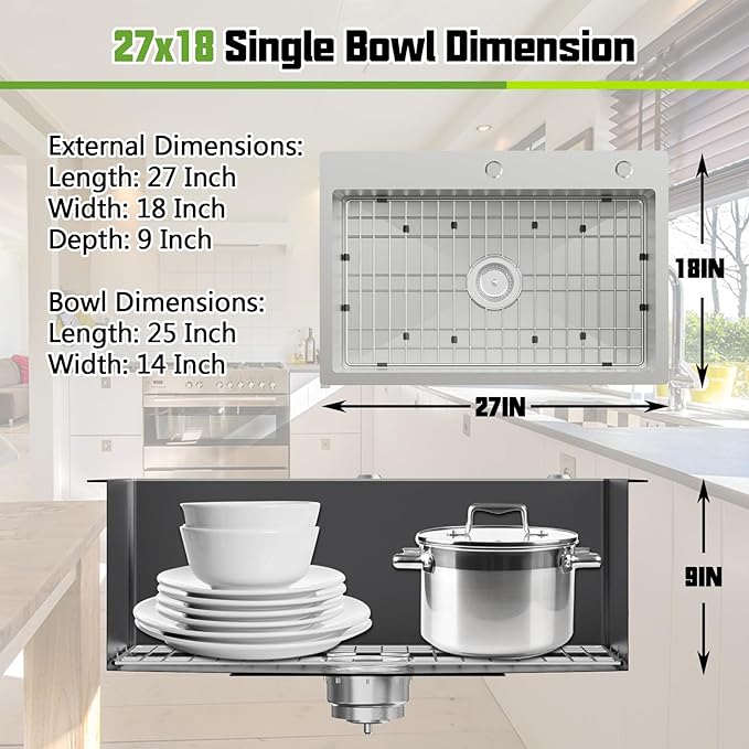 Kitchen And Bar Sink, 27x18 Inch Stainless Steel Drop In Modern Single Bowl Topmount Kitchen And Bar Sink Combo-SS Grid,Spoon Rest,Drain Strainer Set Compatibility With Various Kitchen&Bar Style