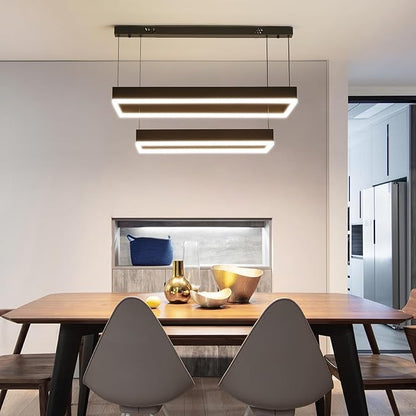 Modern Pendant Light Fixture, LED Black Chandelier for Kitchen Island, 2 Layer Rectangle Adjustable Height, Dimmable 3000K-6500K Ceiling Hanging Light for Dining Room Table, Bedroom, Living Room