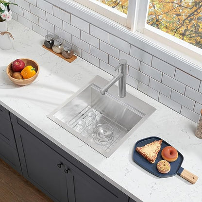 HOTIS 18 X 18 Inch Drop In Bar Sink, Stainless Steel Small Kitchen Sink, Top Mount Deep Workstation Single Bowl, Outdoor Camper Rv Laundry Wet Bar Prep Sinks With Grid & Drain & Cutting Board