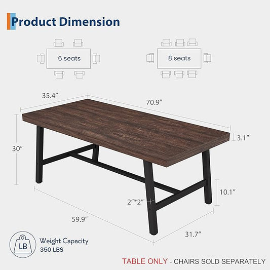 GarveeHome Industrial Dining Table for 6-8 People, 70.87" Long Kitchen Table with Sturdy Metal Frame, Rectangular Counter for Dinner, Kitchen, Dining Room (Rustic Birch, 71" Non-extendable)