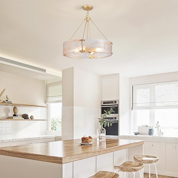 XINGQI 20.7“ Glass Gold Chandeliers for Dining Room, Drum 4-Light Over Table Hanging Pendant Lighting for Hight Ceiling Living Room Kitchen Island Bedroom Office