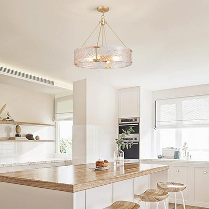 XINGQI 20.7“ Glass Gold Chandeliers for Dining Room, Drum 4-Light Over Table Hanging Pendant Lighting for Hight Ceiling Living Room Kitchen Island Bedroom Office