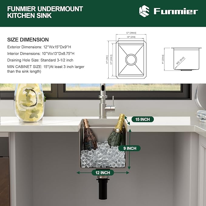 12 Inch Bar Sink - 12 x15 Undermount Bar Sinks Workstation Stainless Steel Outdoor Kitchen Sink 16 Gauge Single Bowl Small Sinks