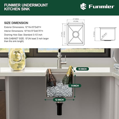 12 Inch Bar Sink - 12 x15 Undermount Bar Sinks Workstation Stainless Steel Outdoor Kitchen Sink 16 Gauge Single Bowl Small Sinks