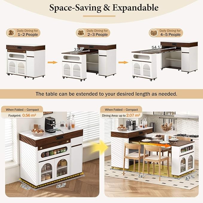Extendable Dining Table with Rolling Kitchen Island, 54.1" Folding Top, Storage Cabinet, Drawers, Power Outlet, USB Ports, Brake Lock Wheels, 4-5 People, 110 LBS Capacity, Walnut