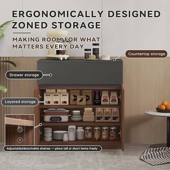 126"Buffet Cabinet with Drawer & Door, Console Table, Set of 4 Modular Stackable Sideboard Coffee Bar Cabinet with Adjustable Shelves, Matte Gray Walnut Storage Accent Credenza for Living Room