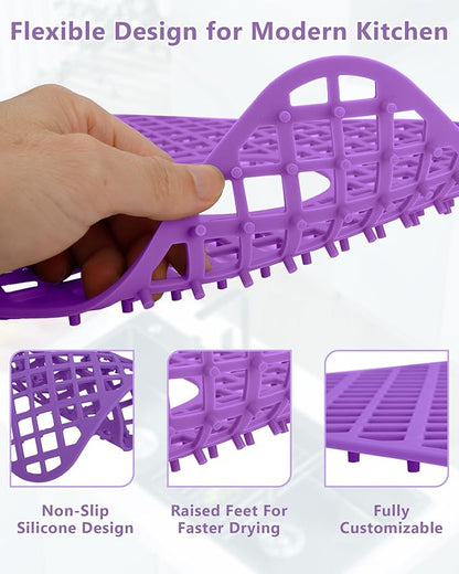 2 Pack Silicone Sink Protector for Kitchen Sink, Trellis Pattern 12 x 11" Sink Grid Mat Silicone Protectors, Center Drain, Purple