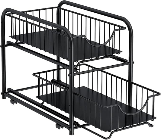 Pull-out Cabinet Organizer, Stackable 2-tier Under Sink Rack, with Sliding Storage Drawer for Pantry, and Desktop, for Bathroom, Kitchen, Office, Black