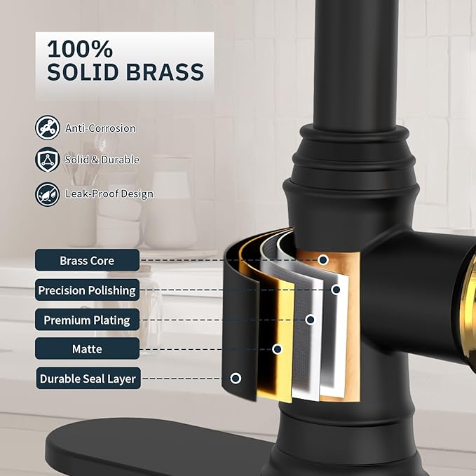 BWE Black Kitchen Faucet with Pull Down Sprayer and Gold Single Handle High Arc 3 Spray Modes Commercial Kitchen Sink Faucet Solid Brass with 10" Deck Plate for Kitchen Sink 1 or 3 Holes
