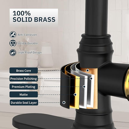 BWE Black Kitchen Faucet with Pull Down Sprayer and Gold Single Handle High Arc 3 Spray Modes Commercial Kitchen Sink Faucet Solid Brass with 10" Deck Plate for Kitchen Sink 1 or 3 Holes