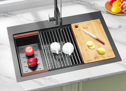 Black Drop In Kitchen Sink 33" X 22",Top Mount 16 Gauge Stainless Steel Workstation Sink,Deep & Large Single Bowl Kitchen Sinks (Black, 33" X 22")