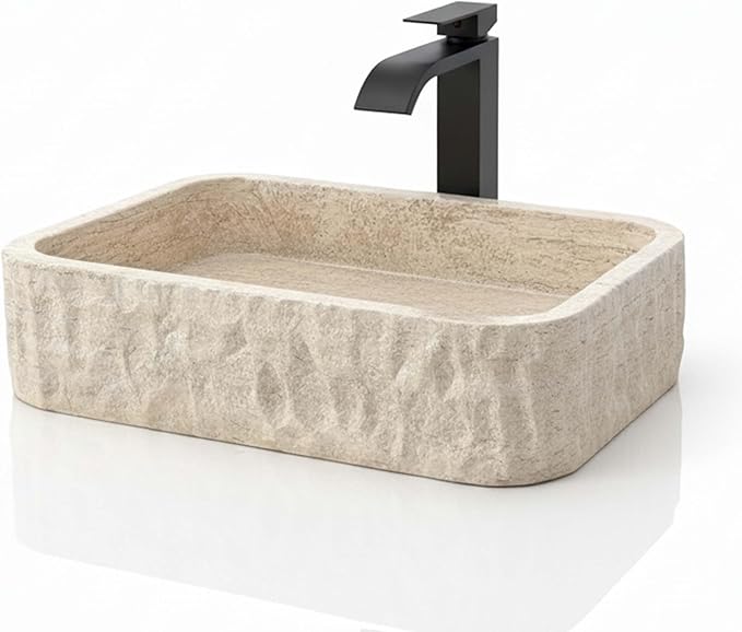Shades of Nature Rectangular Travertine Vessel Sink, Natural Stone Wash Basin, Hand-Carved Bathroom Sink, Chiseled Exterior, Polished Interior, Above Counter Vanity (Soap Tray Included)