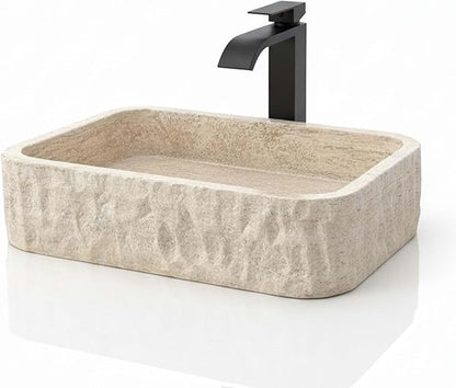 Shades of Nature Rectangular Travertine Vessel Sink, Natural Stone Wash Basin, Hand-Carved Bathroom Sink, Chiseled Exterior, Polished Interior, Above Counter Vanity (Soap Tray Included)