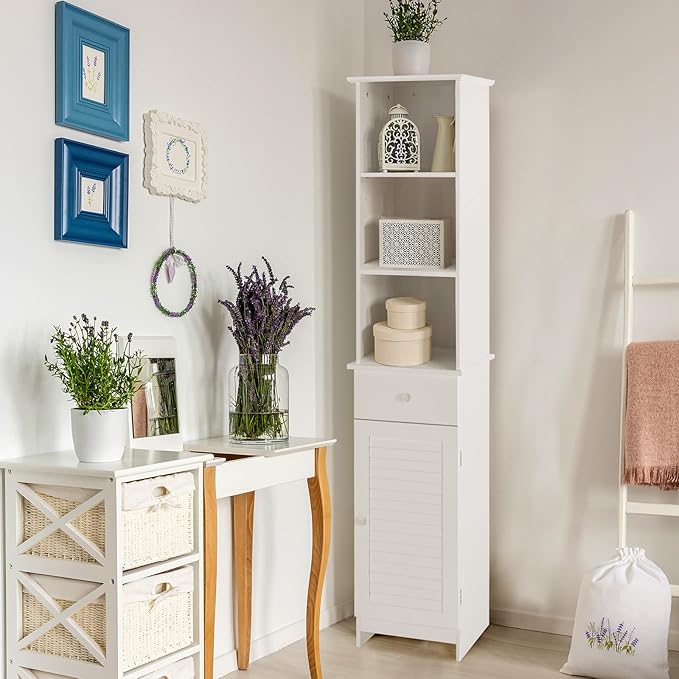 LOKO Bathroom Tall Cabinet, Modern Storage Cabinet with 2 Adjustable Shelves, Bathroom Linen Tower with 3 Open Shelves and 1 Drawer, 13.5 x 12 x 64.5, White