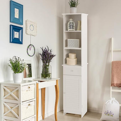 LOKO Bathroom Tall Cabinet, Modern Storage Cabinet with 2 Adjustable Shelves, Bathroom Linen Tower with 3 Open Shelves and 1 Drawer, 13.5 x 12 x 64.5, White