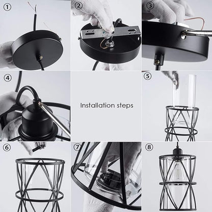 Black Industrial Metal Pendant Light with Clear Glass Shade, Transitional Cylinder Pendant Lighting Fixture for Kitchen Island Sink Counter Dining Room
