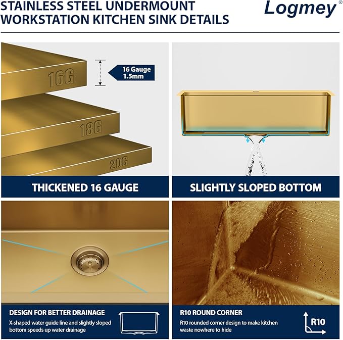 Logmey 33 Inch Gold Kitchen Sink 33x22 Drop in Sink 16 Gauge Stainless Steel Single Bowl Sinks,33x22x9