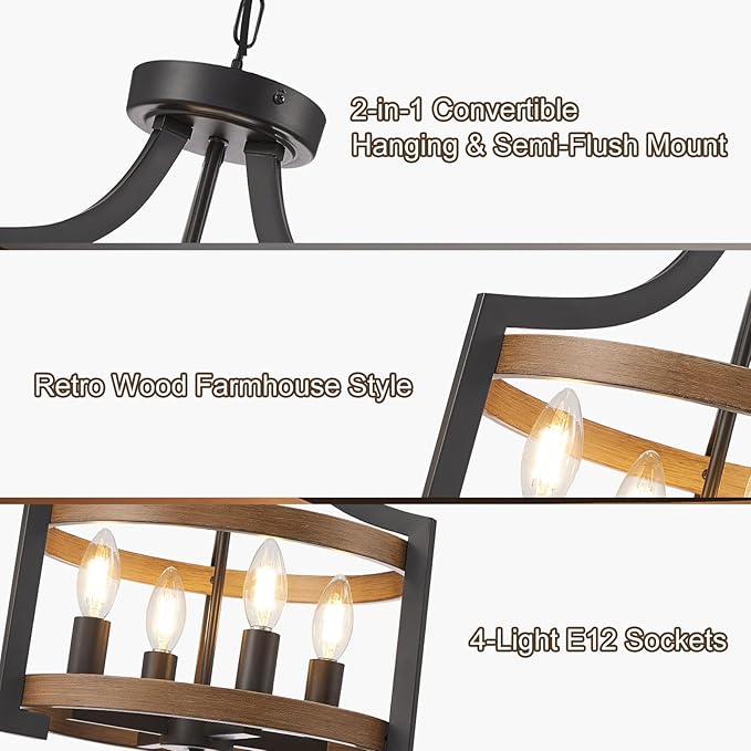 HOXIYA Farmhouse Chandelier, Convertible Semi Flush Mount Ceiling Light, 4 Light Modern Hanging Pendant Lighting, Black and Faux Wood Pendant Light Fixture for Dining Room Kitchen Hallway Bedroom