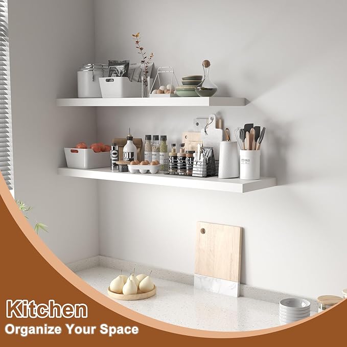 12 Inch Deep Floating Shelves, 30" W x 12" D Wood Floating Shelves for Wall, Large Storage Space Wall Mount Shelf with Invisible Brackets for Living Room Kitchen Bathroom, 1 Pack, White