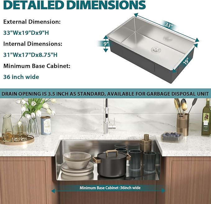 Undermount Kitchen Sink 33x19x9 Inch Deep Single Bowl 18 Gauge Stainless Steel Under Counter Sinks Basin With Drain Strainer